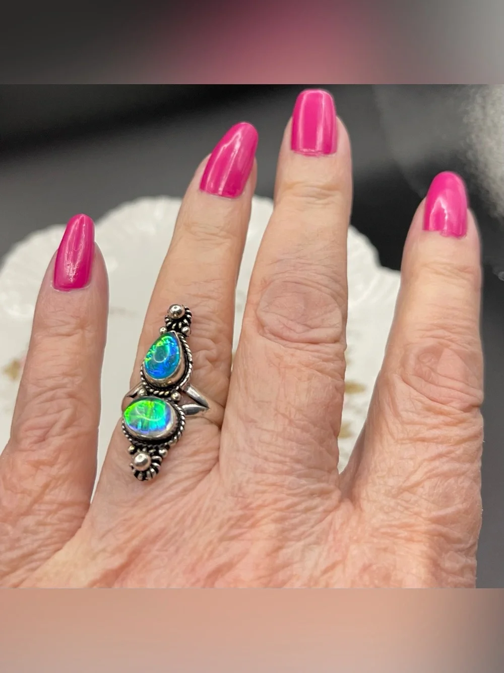 Vtg .925 SS Australian Triplet Fire Opal Handmade Ring size 7. 4.55 grams